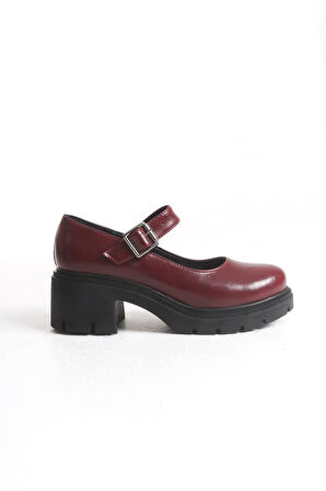 K-708 Bordo Kırışık Rugan Tokalı Yüksek Tabanlı Loafer Ayakkabı 