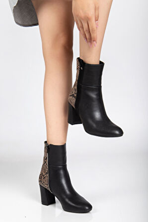 292 Siyah Leopar Desen Detaylı Fermuarlı  Yüksek Topuklu Günlük Kadın Bot