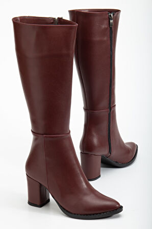 YSN-4422 Bordo Cilt Topuklu Kadın Çizme 