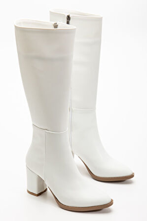 YSN-4422 Beyaz Cilt Topuklu Kadın Çizme  