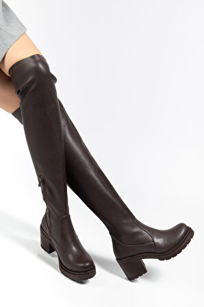 767-3010 Kahve Streç Günlük Kalın Topuklu Kadın Çizme