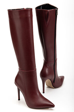 LS-226 Bordo Cilt Fermuarlı Lastikli İnce Yüksek Topuklu Kadın Çizme