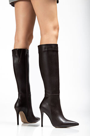 LS-226 Kahve Cilt Fermuarlı Lastikli İnce Yüksek Topuklu Kadın Çizme