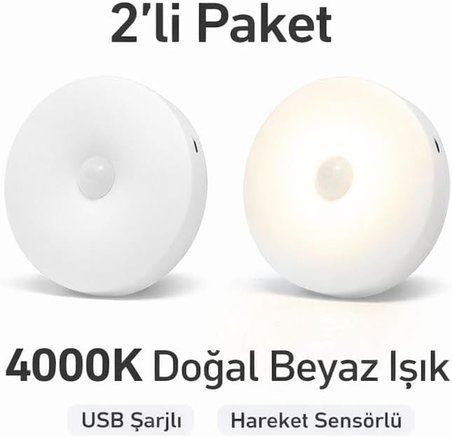 2’li Set Sensörlü LED Kabin Işığı Gece Lambası | 1,5W | 4000K Doğal Beyaz | 150 Lümen | USB Şarjlı | Manyetik &amp; Bantlı | Mutfak Dolabı, Merdiven, Gardırop Aydınlatma Karanlıkta Harekete Duyarlı