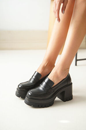 NVL-506 Siyah Günlük Yüksek Topuklu Platform Loafer Kadın Ayakkabı