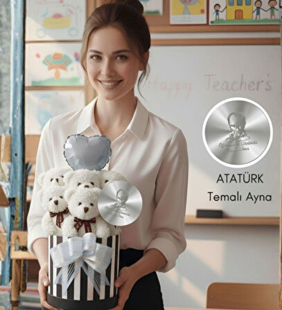Öğretmen'e Hediye: Atatürk Temalı Aynalı Çizgili Premium Kutuda, Kalpli Balonlu 6’lı Beyaz Ayıcık Buketi-24 Kasım Öğretmenler Günü Hediyesi