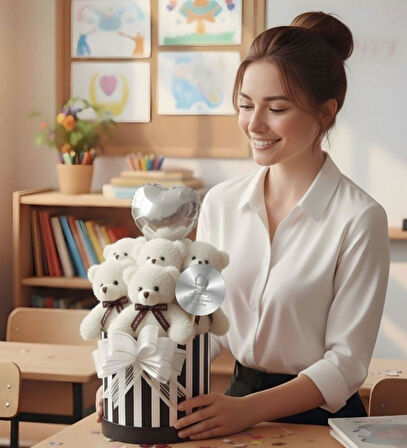 Öğretmen'e Hediye: Atatürk Temalı Aynalı Çizgili Premium Kutuda, Kalpli Balonlu 6’lı Beyaz Ayıcık Buketi-24 Kasım Öğretmenler Günü Hediyesi