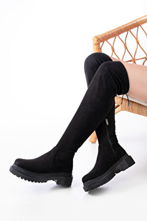 Mengü 812-2194 Siyah Süet Fermuarlı Diz Üstü Bağcıklı Çorap Günlük Kadın Çizme