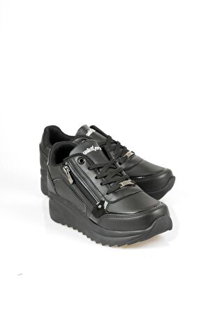 Siyah Cilt  Wickers Fermuarlı Dolgu Topuk Kadın Spor Ayakkabı