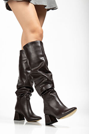 SYT-2002 Kahve Körüklü Kalın Topuklu Günlük Kadın Çizme 