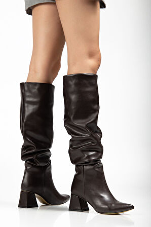 SYT-2002 Kahve Körüklü Kalın Topuklu Günlük Kadın Çizme 