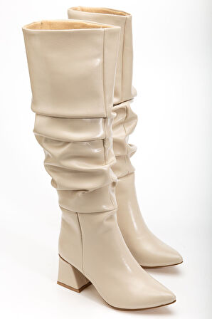 SYT-2002 Bej Kırışık Rugan Körüklü Kalın Topuklu Günlük Kadın Çizme