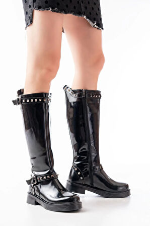 Siyah Rugan Düz Topuklu Günlük Binici Çizme02-307Kadın çizme