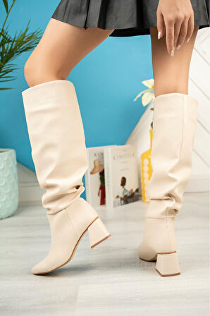 SYT-2002 Bej Körüklü Kalın Topuklu Günlük kadın Çizme