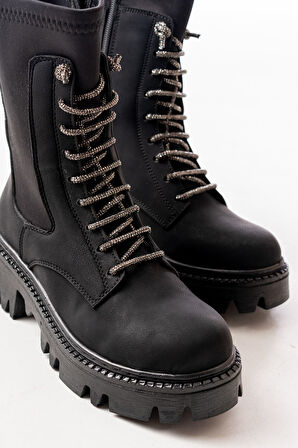 868-2006 Siyah Zümrüt Düz Topuklu Bağcıklı Fermuarlı Günlük Kadın Bot