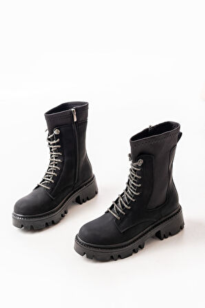 868-2006 Siyah Zümrüt Düz Topuklu Bağcıklı Fermuarlı Günlük Kadın Bot