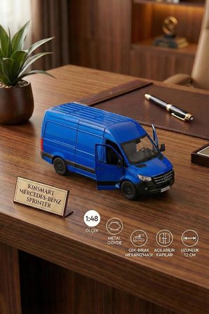Kinsmart Mercedes-Benz Sprinter 1:48 Ölçek Metal Çek Bırak Oyuncak Minibüs - Lacivert Model Araba