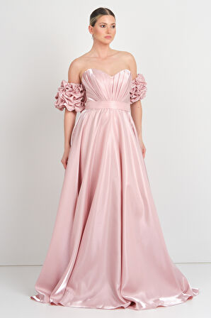 Renk Kadın Kalp Yaka Drapeli Kol Detaylı Kloş Uzun Abiye Elbise 5265 Pudra