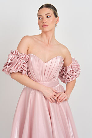 Renk Kadın Kalp Yaka Drapeli Kol Detaylı Kloş Uzun Abiye Elbise 5265 Pudra