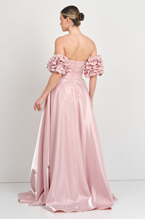 Renk Kadın Kalp Yaka Drapeli Kol Detaylı Kloş Uzun Abiye Elbise 5265 Pudra