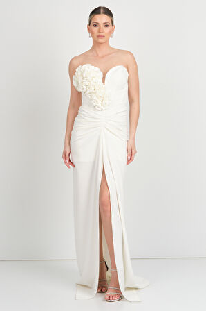 Renk Kadın Kalp Yaka Önden Derin Yurtmaçlı Uzun Abiye Elbise 5262 Krem