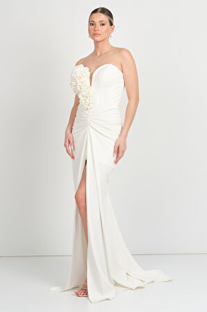 Renk Kadın Kalp Yaka Önden Derin Yurtmaçlı Uzun Abiye Elbise 5262 Krem