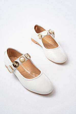 İNF-6363 Beyaz Baret Tokalı Günlük Kadın Ayakkabı