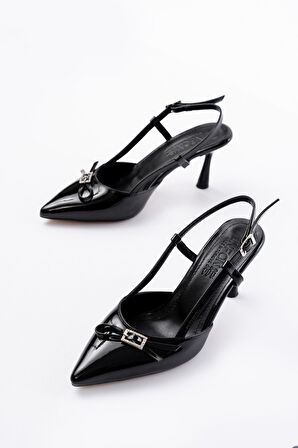 İNF-2300 Siyah Rugan Günlük Arkası Açık Fiyonklu Topuklu Kadın Ayakkabı 