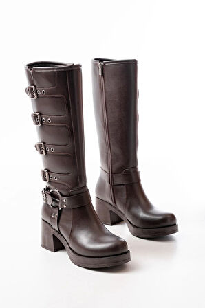 Kahverengi Topuklu Fermuarlı Toka Aksesuarlı Günlük Kadın5109-3015Kadın çizme