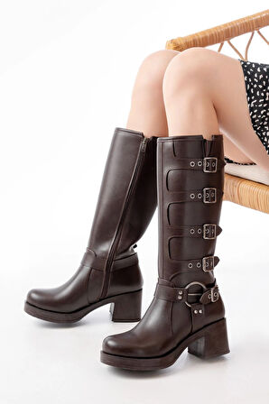 Kahverengi Topuklu Fermuarlı Toka Aksesuarlı Günlük Kadın5109-3015Kadın çizme
