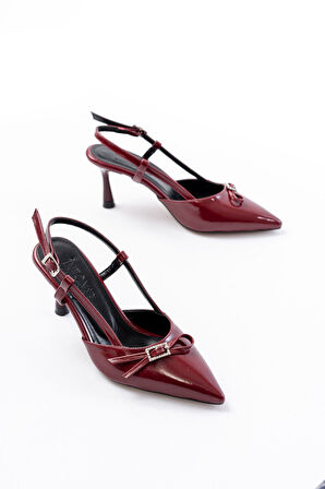 İNF-2300 Bordo Rugan Günlük Arkası Açık Fiyonklu Topuklu Kadın Ayakkabı 