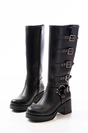 Siyah Topuklu Fermuarlı Toka Aksesuarlı Günlük Kadın Çizme5109-3015Kadın çizme