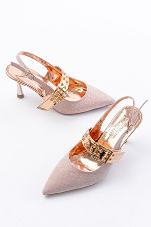 İNF-260 Rose Simli Günlük Arkası Açık Baret Tokalı Topuklu Kadın Ayakkabı