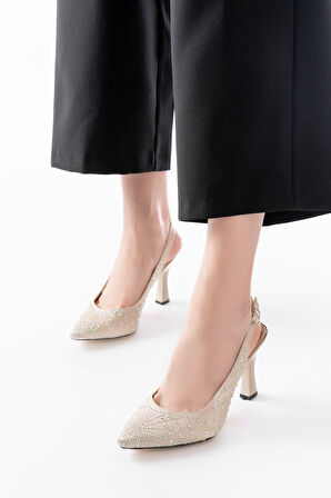 S-601 Bej Arkası Açık Taş Aksesuarlı Günlük Kadın Sandalet