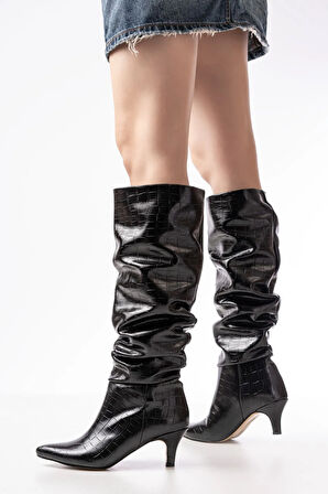 Siyah Kroko Ince Topuklu Günlük ÇizmeSr-2001Kadın çizme
