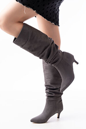 SR-2001 Gri Süet İnce Topuklu Günlük Kadın Çizme