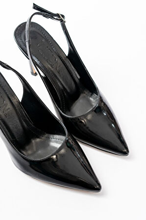 ST-1153 Siyah Rugan Günlük Arkası Açık 9 cm Topuklu Kadın Ayakkabı