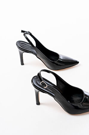 ST-1153 Siyah Rugan Günlük Arkası Açık 9 cm Topuklu Kadın Ayakkabı