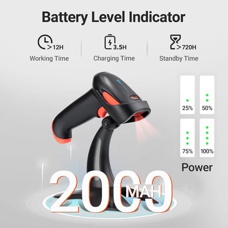 HW0002 Kablosuz Barkod Okuyucu, 1D/2D/QR Kod Tarayıcı, Bluetooth/2.4G/USB 3’ü 1 Arada, Titreşim Uyarılı &amp; Şarj Göstergeli, Stand Dahil