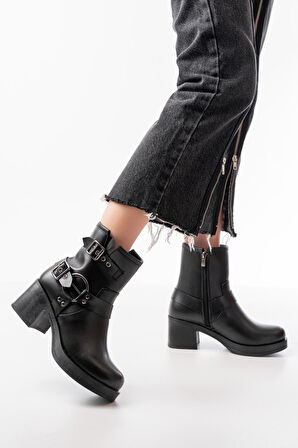 5109-3028 Siyah Toka Aksesuarlı Fermuarlı Topuklu Günlük Kadın Bot