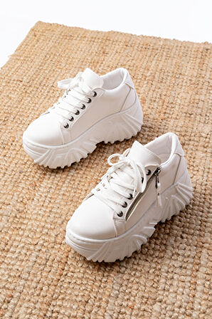 SP-156 Beyaz Bağcıklı Fermuarlı Yüksek Taban Günlük Spor Ayakkabı