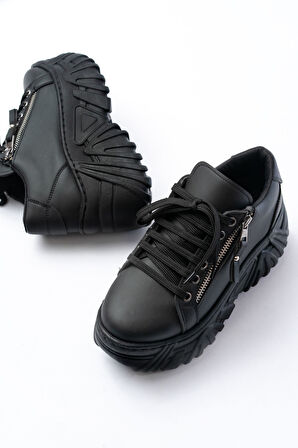 SP-156 Siyah Bağcıklı Fermuarlı Yüksek Taban Günlük Spor Ayakkabı