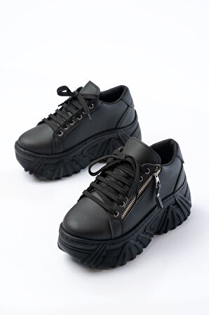 SP-156 Siyah Bağcıklı Fermuarlı Yüksek Taban Günlük Spor Ayakkabı