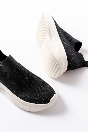 DM-707  Siyah Fileli Beyaz Faillant Taban Taş Aksesuarlı Günlük Spor Ayakkab