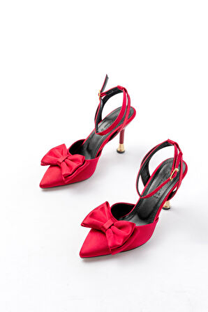 İNF-4505 Bordo Saten Günlük Arkası Açık Kurdele detaylı Topuklu Kadın Ayakkabı 