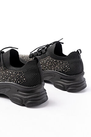 3002  Siyah Bağcıklı Fileli Taş Aksesuarlı Günlük Spor Ayakkabı