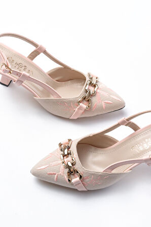 K-250 Pudra Keten Günlük Arkası Açık Tokalı Topuklu Kadın Ayakkabı