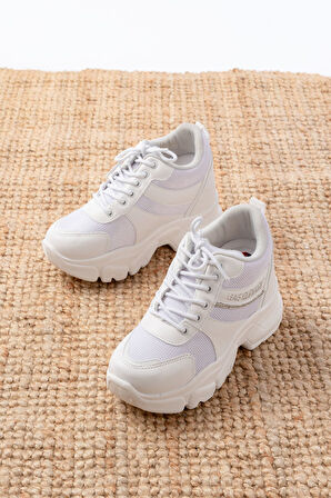 F-209 Beyaz Bağcıklı Fileli Taş Aksesuarlı Günlük Spor Ayakkabı