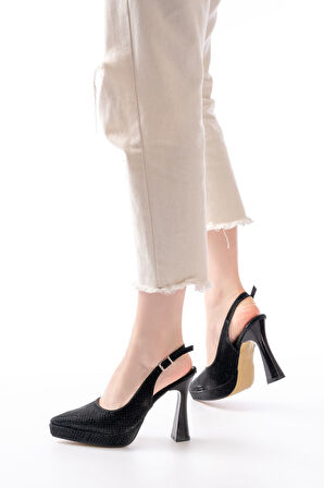 B-2101 Siyah Günlük Arkası Açık Yılan Desenli Topuklu Kadın Ayakkabı