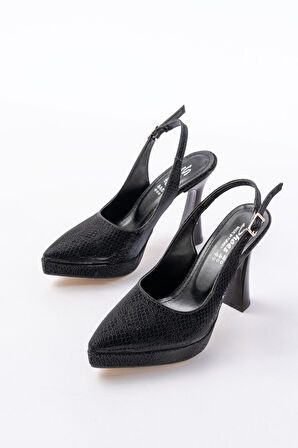 B-2101 Siyah Günlük Arkası Açık Yılan Desenli Topuklu Kadın Ayakkabı